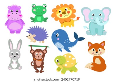 Set of cute wild animals including hippopotamus, frog, lion, elephant, hedgehog, whale, hare, monkey, turtle, fox. Safari jungle animals vector. Forest animals illustration