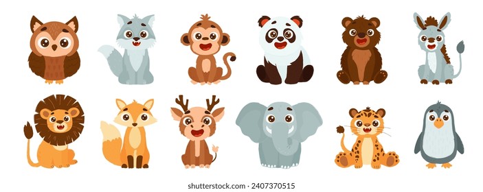 Set of cute wild animals including lion, fox, deer, elephant, tiger, penguin, owl, wolf, monkey, panda, bear and donkey. Vector children's style illustration of forest animals.