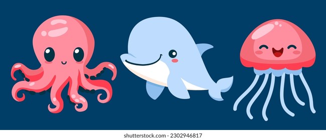 Set of cute wild animals, jellyfish, dolphin, octopus, Safari jungle animals flat vector illustration 