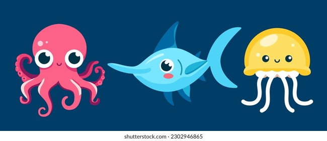 Set of cute wild animals, jellyfish, Swordfish, octopus, Safari jungle animals flat vector illustration 