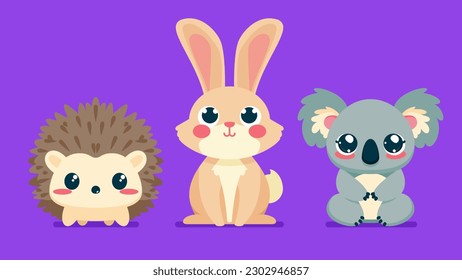 Set of cute wild animals, koala, rabbit, Hedgehog, Safari jungle animals flat vector illustration 