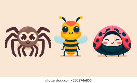 Set of cute wild animals, ladybug, wasp, bee, spider, Safari jungle animals flat vector illustration  