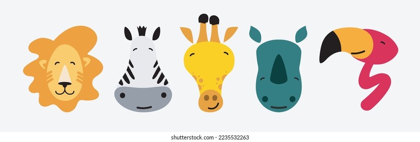 Set of cute wild animals like lion, hippo, zebra, giraffe and flamingo. Safari jungle animals vector. animal illustration.

