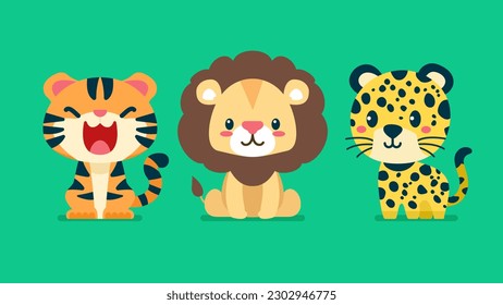 Set of cute wild animals, Lion, tiger, leopard, Safari jungle animals flat vector illustration 