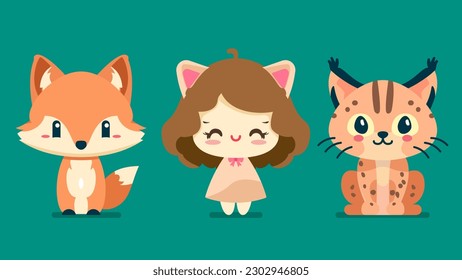 Set of cute wild animals, lynx, cat, fox, Safari jungle animals flat vector illustration 