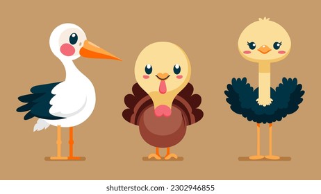 Set of cute wild animals, ostrich, turkey, Heron, Safari jungle animals flat vector illustration 