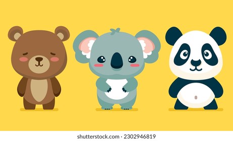 Juego de lindos animales salvajes, panda, koala, oso pardo, animales de la selva Safari ilustración vectorial plana 