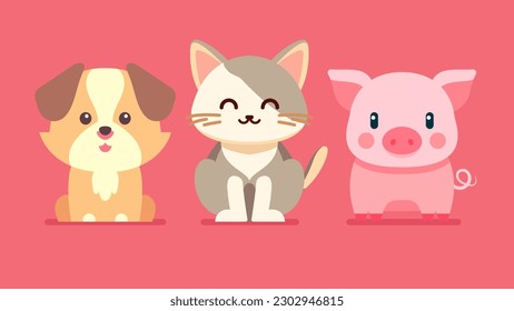 Set of cute wild animals, pig, cat, dog, Safari jungle animals flat vector illustration 