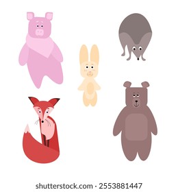 Set of cute wild animals pig,fox, bear, hedgehog, rabbit. Flat animals vector collection.Simple, funny doodle animal illustrations on a white background.