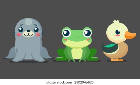 Set of cute wild animals, seal, frog, mallard duck, Safari jungle animals flat vector illustration 