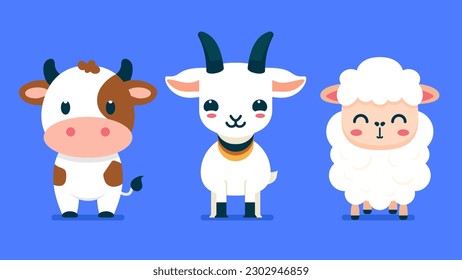 Conjunto de lindos animales salvajes, ovejas, vacas, cabras, animales de la selva Safari ilustración vectorial plana 