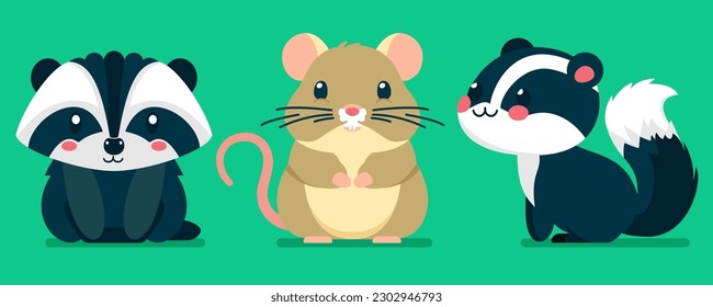 Set of cute wild animals, skunk, raccoon, mouse, hamster, Safari jungle animals flat vector illustration 