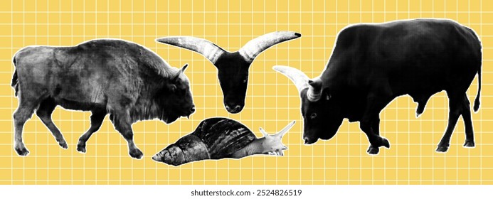 Set of cute wild animals. Snail, buffalo, bison. Retro halftone effect. Y2k collage design