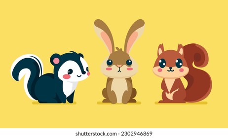 Set of cute wild animals, squirrel, hares, skunk, Safari jungle animals flat vector illustration 