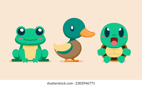 Set of cute wild animals, turtle, mallard duck, frog, Safari jungle animals flat vector illustration 