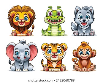 Set of cute wild animals. Vector cartoon illustration