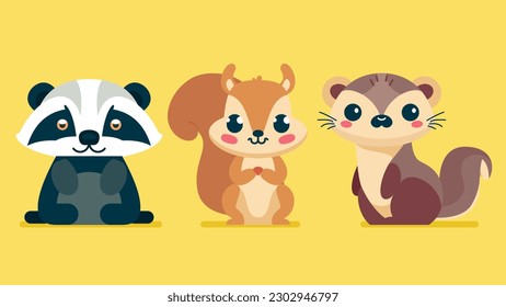 Conjunto de lindos animales salvajes, comadrejas, ardillas, mapaches, animales de la selva Safari ilustración vectorial plana 