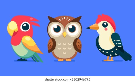 Set of cute wild animals, Woodpecker, owl, parrot, Safari jungle animals flat vector illustration 