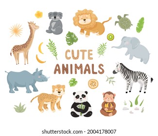 Set of cute wild baby animals. Vector illustrations, design concept. Jungle leaves, tropical fruits, plants isolated on white background. Big collection of zoo characters in cartoon style. 
