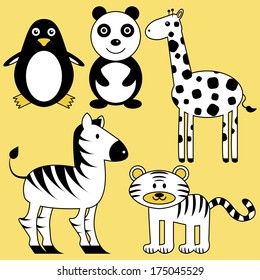 Set of cute wild black and white animals