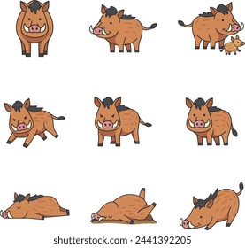 Set of cute wild boar vector illustration in cartoon style.