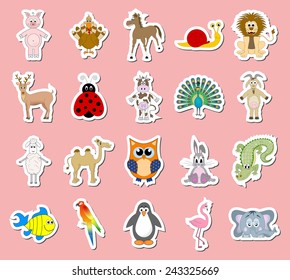 Set of cute wild and domestic animal mascot stickers. Colorful animal sticky icon collection. cartoon drawing design, white frame, vector art image illustration, isolated on pink background