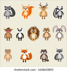 Set of cute wild forest animals in flat style isolated on background. Stock vector illustration for decoration and design, children's books and coloring, stickers, fabrics, packaging, postcards 