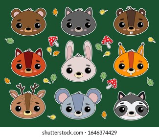 Set of cute wild forest animals with big eyes. Vector illustration. Mushrooms, leaves. Stickers, postcards, holidays, children's books, banner, printing.