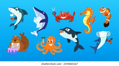 Set of cute wild marine animals and fishes. Funny underwater creatures characters. Shark, dolphin, crab, octopus, sea lion, seahorse, orca, clownfish inhabitants of sea world cartoon vector