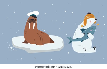 Set of cute wild polar animals. Walrus and bear mammals vector illustration