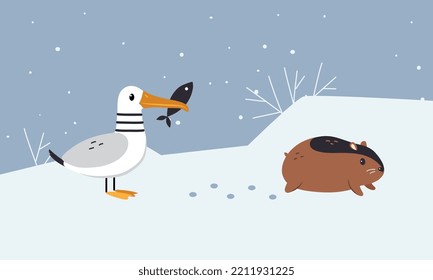 Set of cute wild polar animals. Seagull and wolverine mammal and bird vector illustration