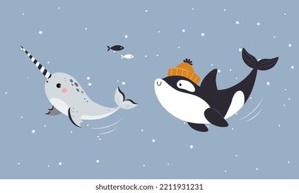 Set süße wilde polare Tiere. Narwhal- und Grampussäugetiere, Vektorgrafik