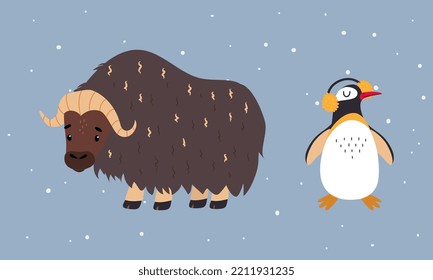 Set of cute wild polar animals. Musk ox and penguin mammal and bird vector illustration