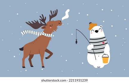 Set of cute wild polar animals. Reindeer and bear mammals vector illustration