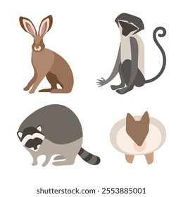 Set of cute wild,farm animals harre, monkey, rabbit, hamster ,raccoon. Flat animals vector collection.Simple, funny doodle animal illustrations on a white background.