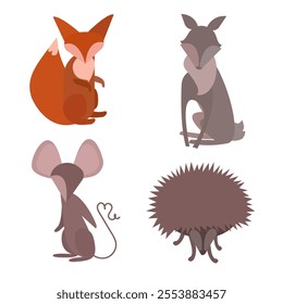 Set of cute wild,farm animals squirrel, mouse, goat, hedgehog. Flat animals vector collection.Simple, funny doodle animal illustrations on a white background.