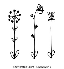 Set of cute wildflowers. Vector doodle outline illustration on white background. Design for print types, coloring book, poster, postcard, t-shirt, cup, packaging design, logo.