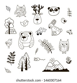 Set of cute wildlife doodles. Black and white vector clipart.
