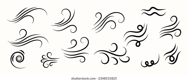 Set of cute wind doodle element vector. Hand drawn doodle style collection of different wind, blow, spiral, swirl. Illustration design for print, cartoon, card, decoration, sticker, icon.