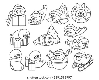 Set of cute winte seals. Collection of seals celebrating the New Year near a festive tree, with gifts, a holiday wreath, and on a sleigh. Sea creatures. Vector illustration on a white background.