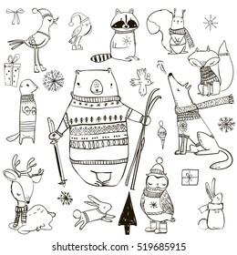 set with cute winter animals