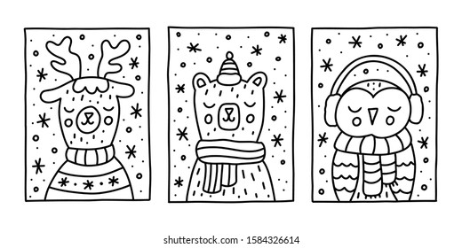Set Of Cute Winter Animals  In Doodle Style. Isolated On White Background. Vector Illustration. Coloring Page.