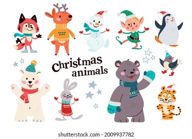 Set of cute winter animals fox, polar bear, penguin in scarfs and hats, snowman, santa elf isolated. Vector flat cartoon illustration. Scandinavian style. For children cards, pattens, banners, prints.