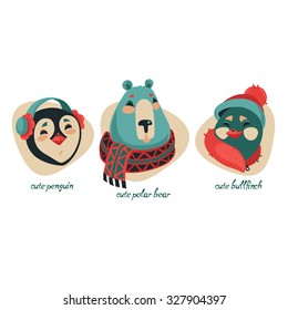 Set of cute winter animals polar bear, penguin, bullfinch, for your design, on white background