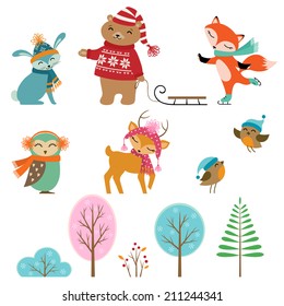 Set Of Cute Winter Animals And Trees For Your Design.