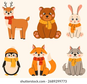 Conjunto de lindos animales de invierno con bufandas. Ilustración vectorial plana.