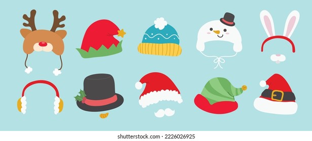 Set of cute winter and autumn headwear vector illustration. Collection of reindeer, santa, snowman, elf, knitting hats, top hat, caps, rabbit headband for cold weather. Design for card, comic, print.