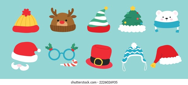 Set of cute winter and autumn headwear vector illustration. Collection of reindeer, santa, bear, elf, knitting hats, top hat for cold weather, christmas fancy glasses. Design for card, comic, print.