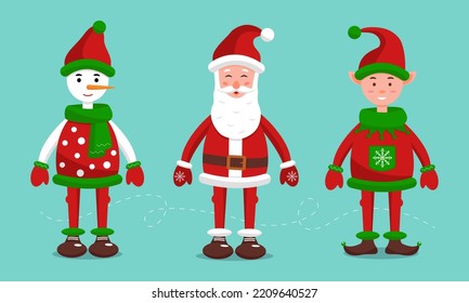 Set of cute winter characters for your design. Santa Claus and his helpers, a gnome and a snowman. Vector illustration