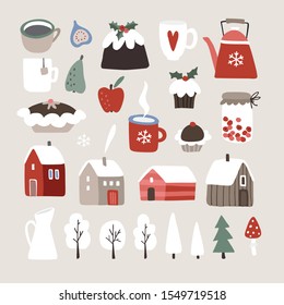 Set of cute winter, Christmas food, drink and landscape icons. Cup of coffee, fruit, Christmas pudding, desserts, cupcakes, houses nad snowy trees. Vintage flat design. Isolated vector objects.